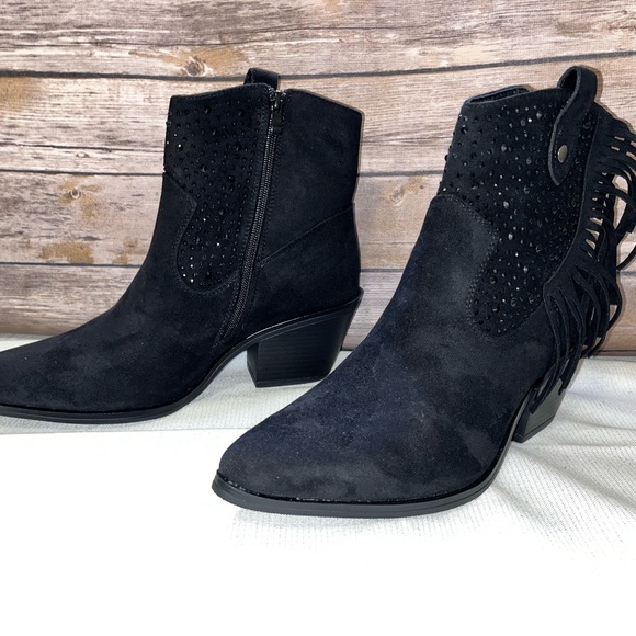 Southern Fried Chics Rhinestone Fringe Black Suede Cowgirl Booties Size 10 NWT - Picture 2 of 6